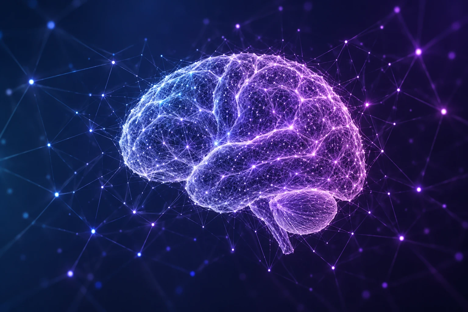 A luminous purple neural brain formed from interconnected threads and network nodes