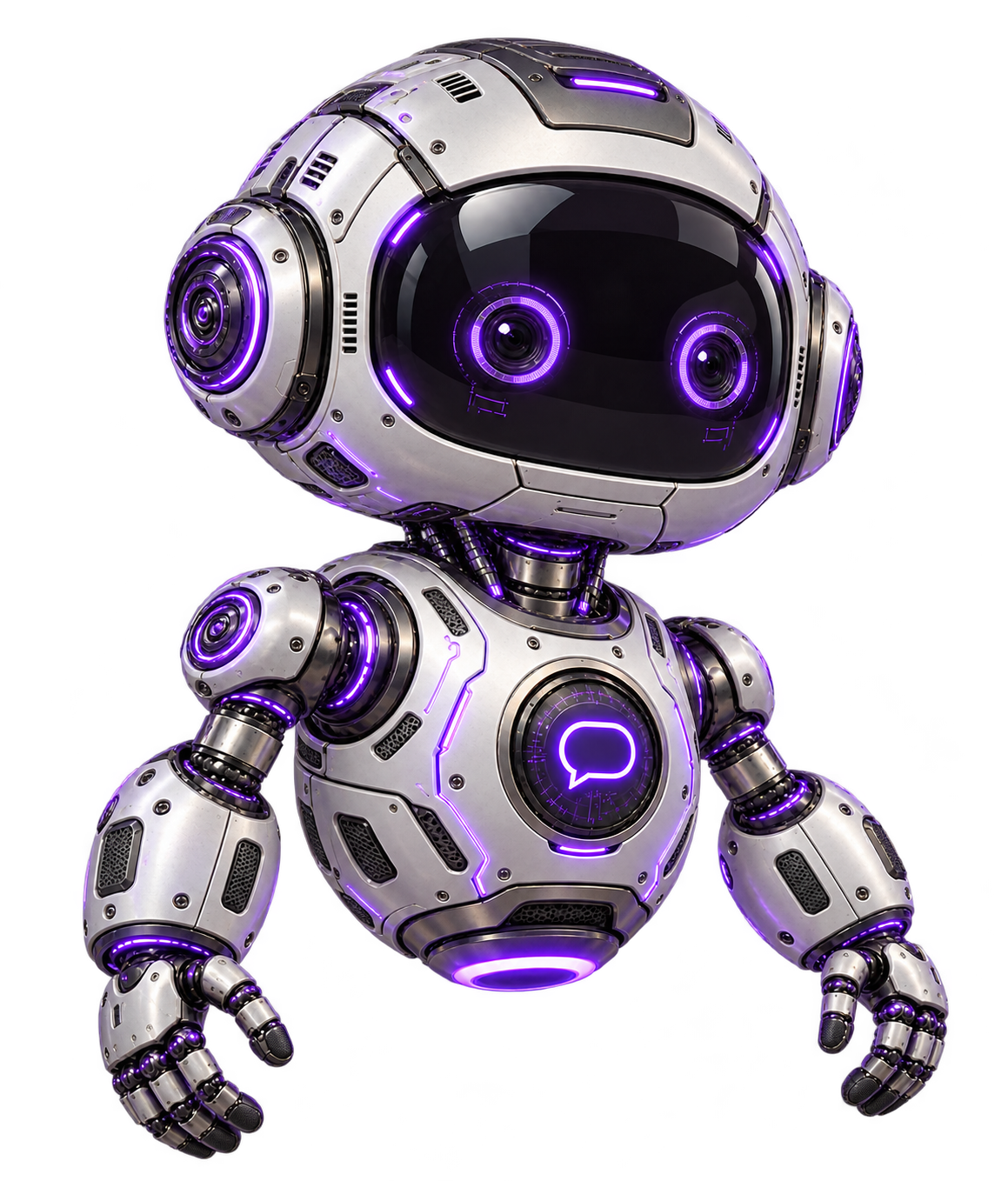 A composed silver Qbit AI assistant in three-quarter view, with optical sensors, articulated joints and violet circuitry